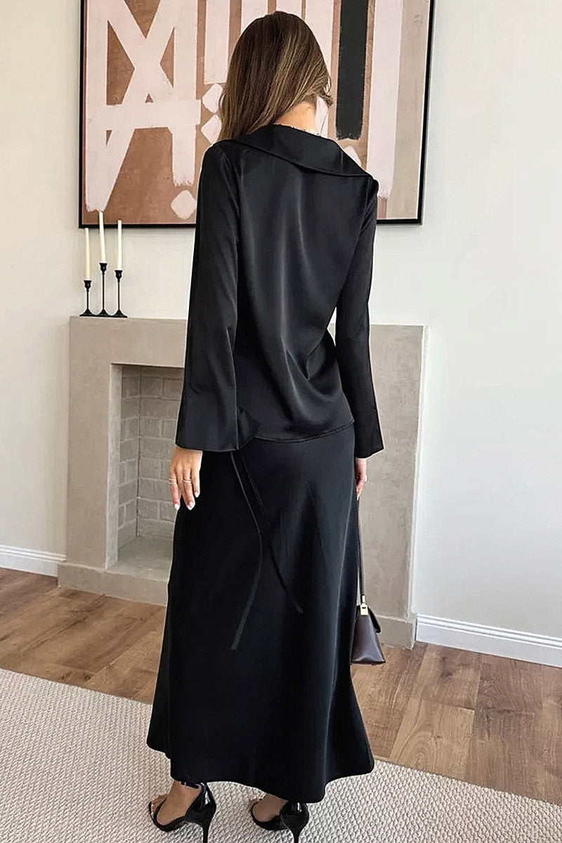 Elegant V-Neck Tie Top and Long Skirt Set