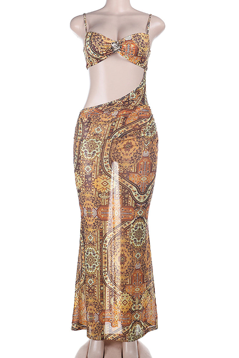 Sexy Backless Travel Dress with Geometric Print