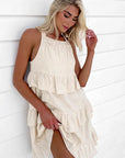Casual Khaki Cotton Linen Ruffle Dress