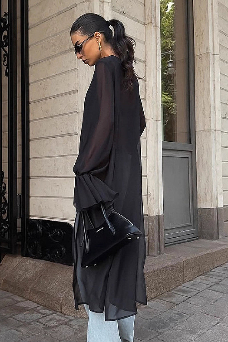 Chic Black Chiffon Top with Flare Sleeves