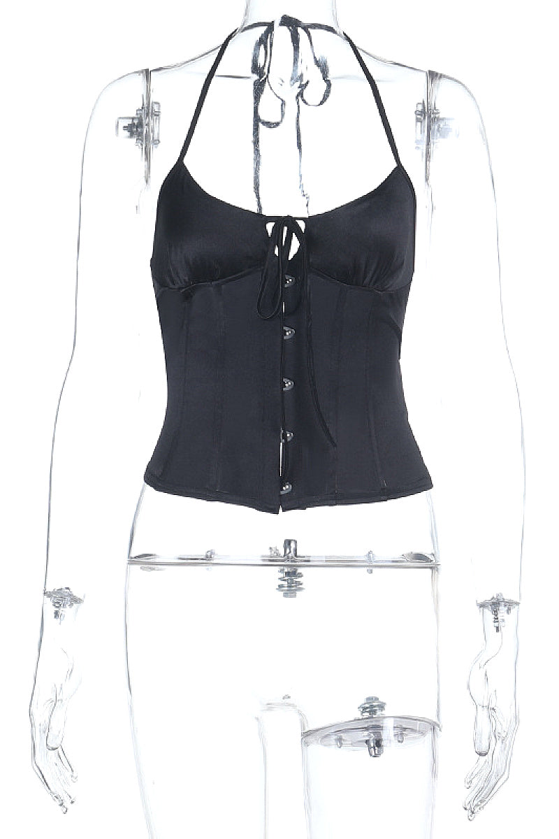 Chic Halter Neck Tie Waist Button Up Top