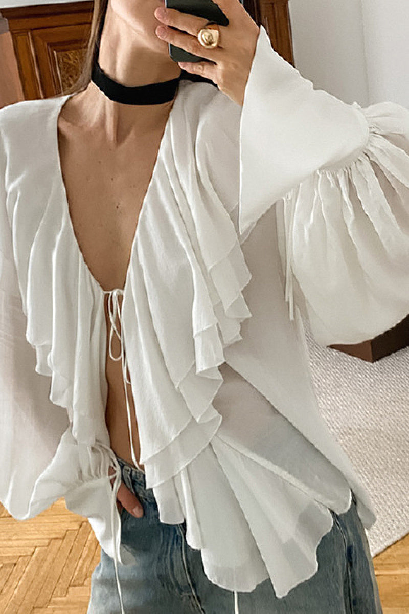French Design Ruffled Puff Sleeve V-Neck Chiffon Cardigan