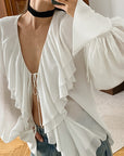 French Design Ruffled Puff Sleeve V-Neck Chiffon Cardigan