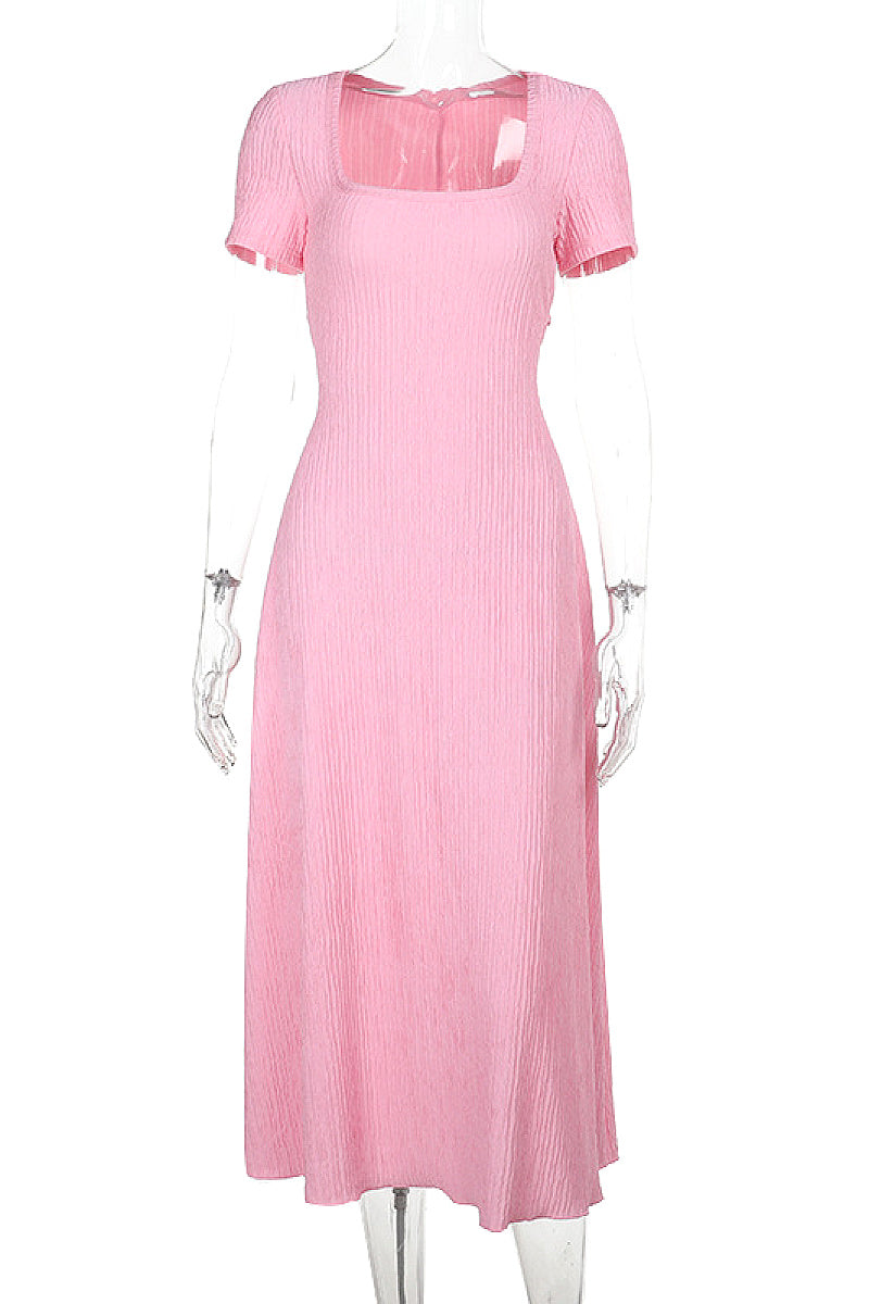 Summer A-Line Dress with Square Neck and Short Sleeves