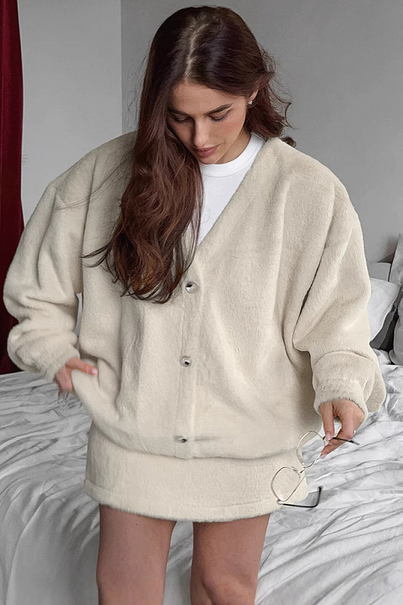 Fashionable Khaki Fleece Cardigan Skirt Set