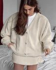 Fashionable Khaki Fleece Cardigan Skirt Set