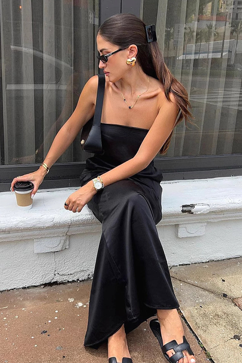 Elegant Black Satin Strapless A-Line Dress