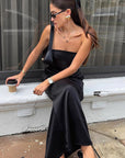 Elegant Black Satin Strapless A-Line Dress