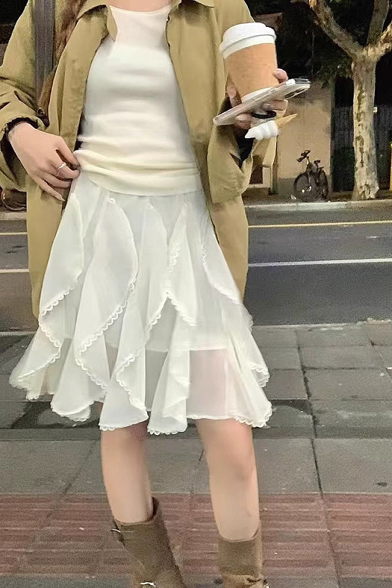 French Sweet Ruffled Lace Chiffon Skirt