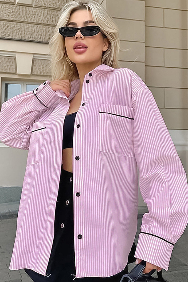 French Color Block Striped Pink Women's Shirt