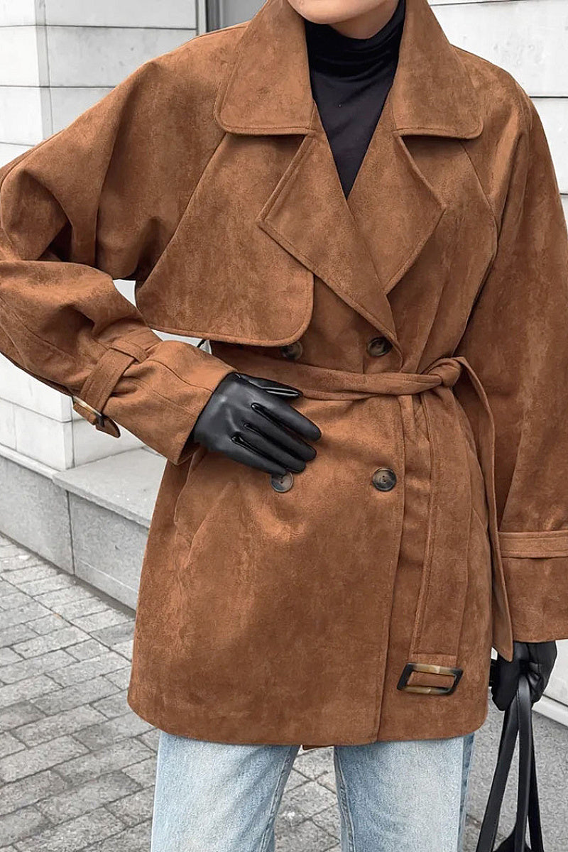 Brown Double-Breasted Suede Coat for Women
