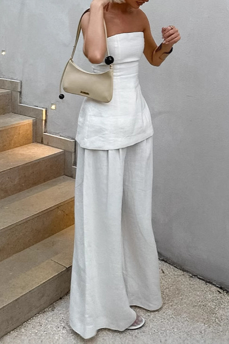 Chic Strapless Top and High Waist Wide Leg Set