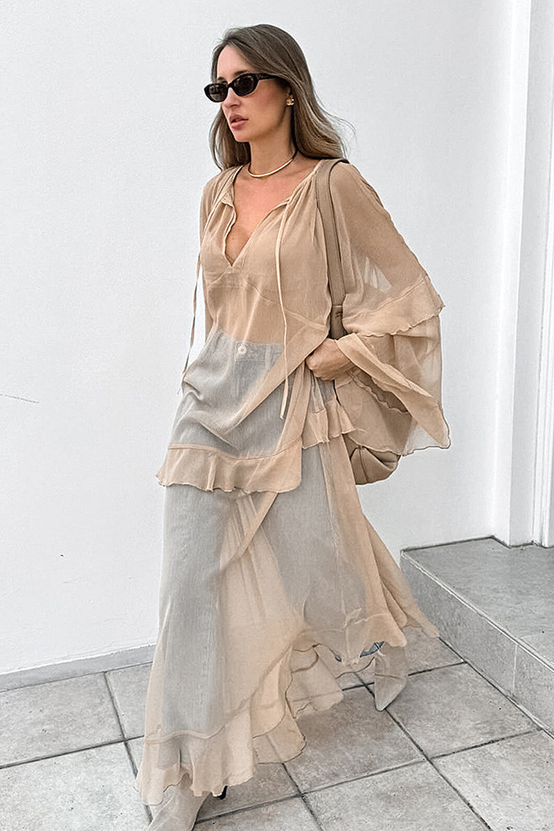 Chic Sheer Chiffon Batwing Sleeve Dress