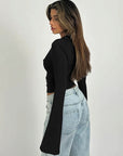 Sexy Lace Trim Deep V Neck Long Sleeve Top