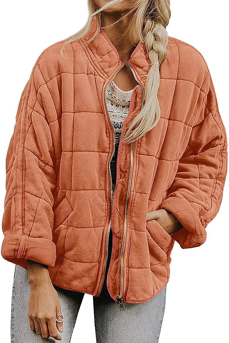 Solid Color Stand Collar Cotton Jacket for Women