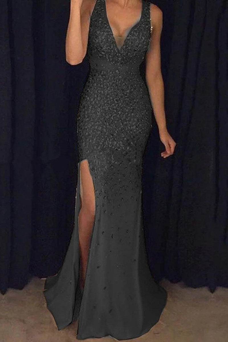 New V-Neck Long Dress with Gold Foil Design