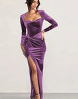 Elegant Long Sleeve Velvet Dress with Slit