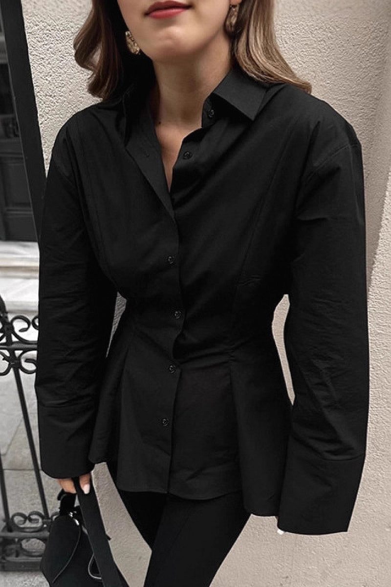 Brown Waist-Defined Pleated Shirt for Women