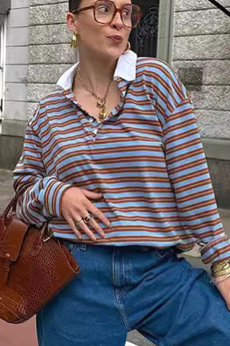 V-Neck Color Block Striped Long Sleeve T-Shirt