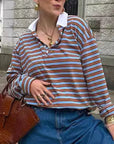 V-Neck Color Block Striped Long Sleeve T-Shirt