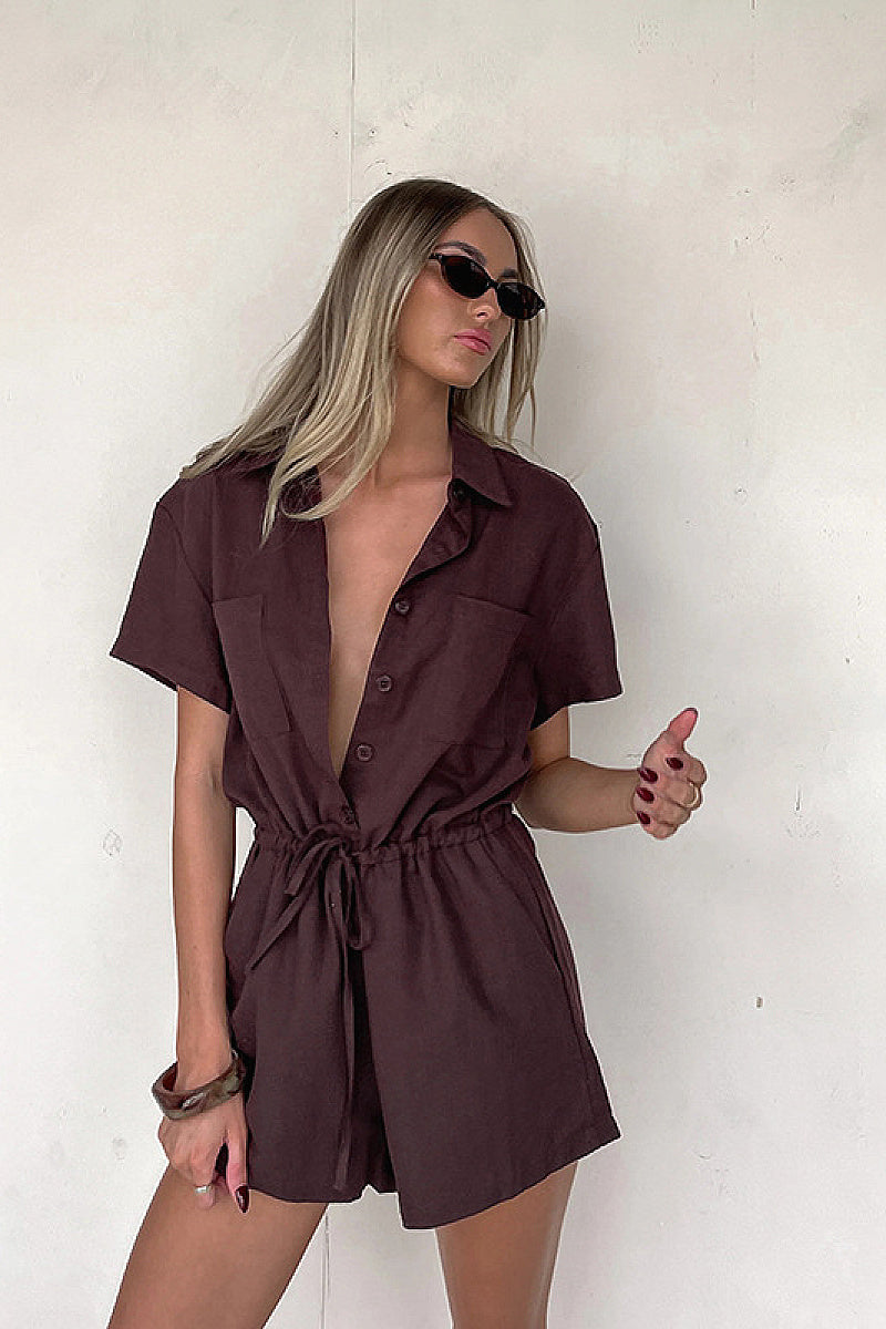 Solid Color Short Sleeve Jumpsuit with Shirt Collar
