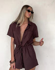 Solid Color Short Sleeve Jumpsuit with Shirt Collar