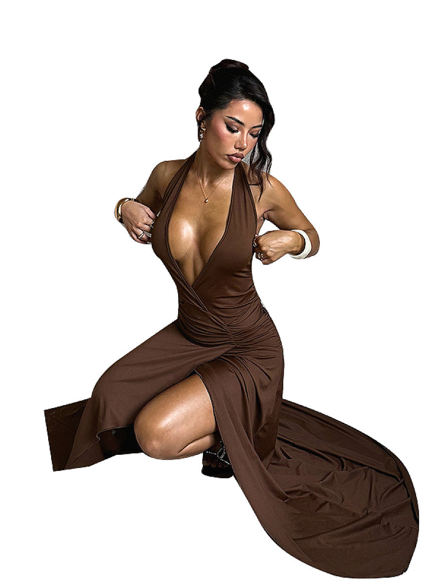 Deep V Neck Ruffle Hem A-Line Dress