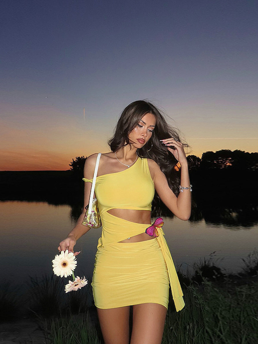 Asymmetrical Hollow Out Butterfly Decor Dress