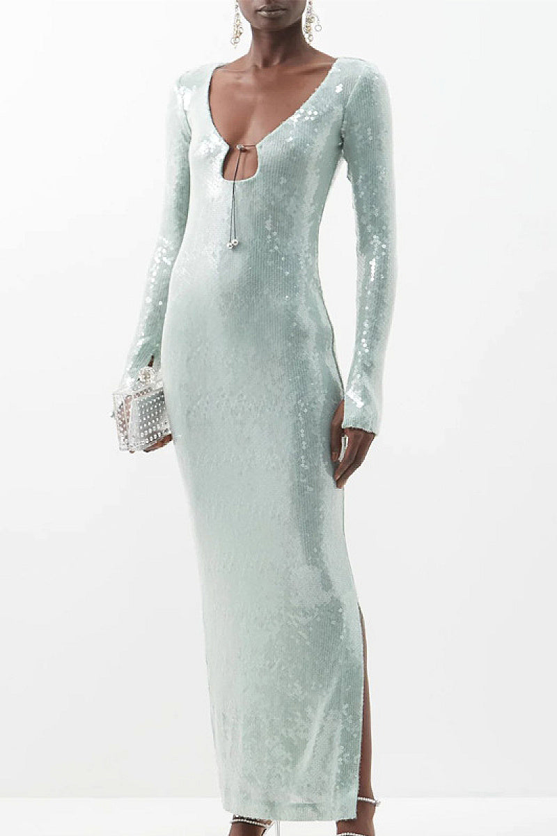 Elegant Sequin Flare Sleeve Dress with Split Hem