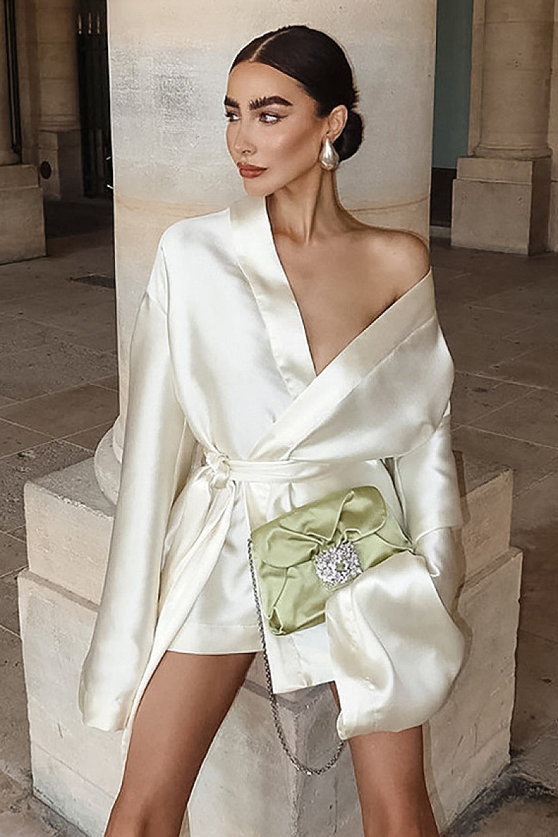 Chic Champagne Satin Tie Waist A-Line Dress