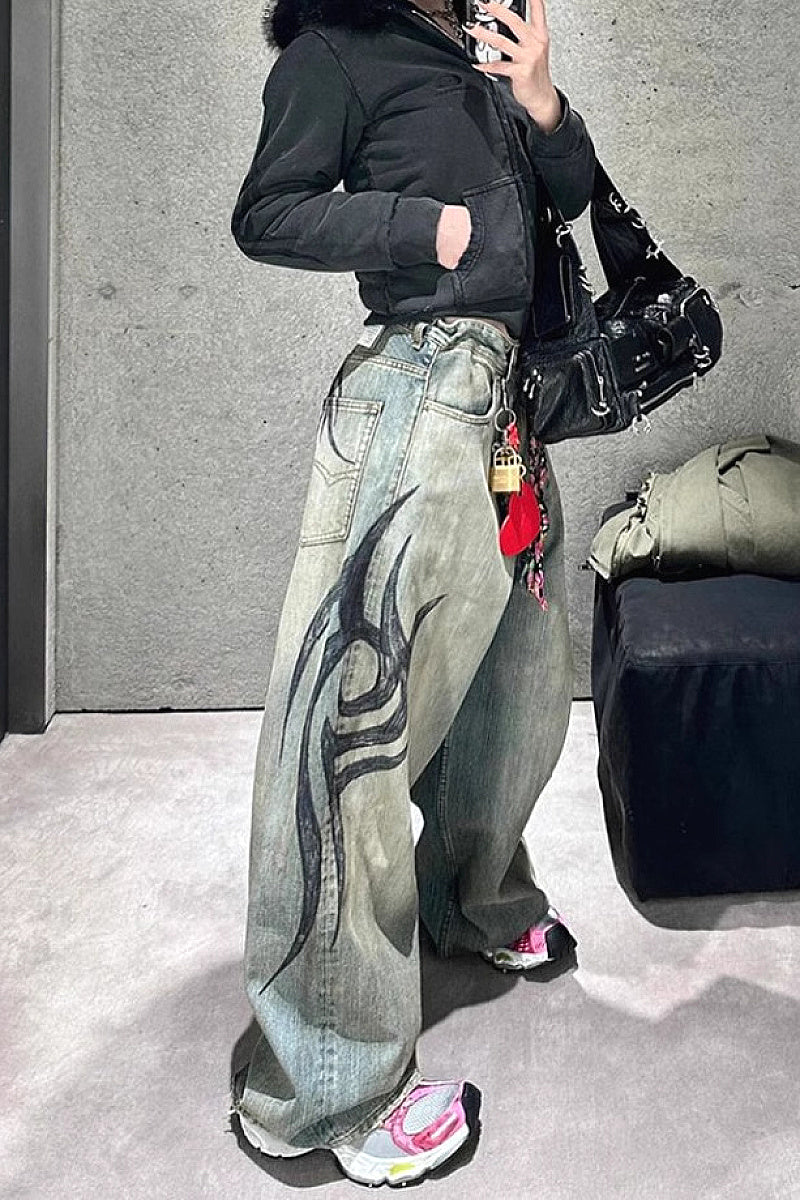 Y2K High Street Printed Wide Leg Jeans
