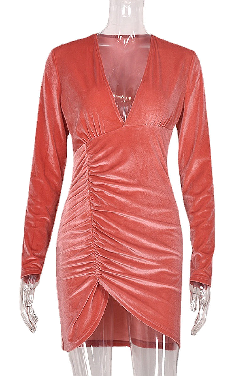 Solid Color Long Sleeve Dress with V-Neck