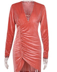 Solid Color Long Sleeve Dress with V-Neck