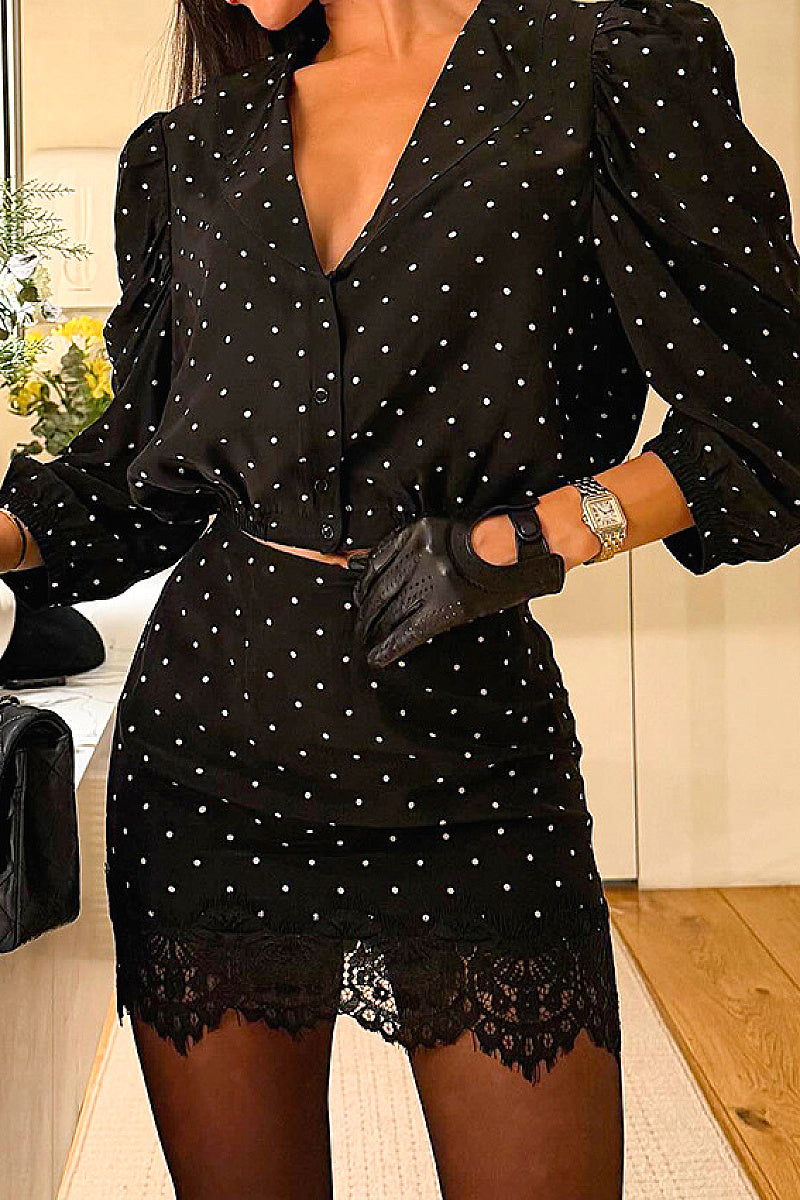 Fashionable Casual Dot V-Neck Set with Short Skirt