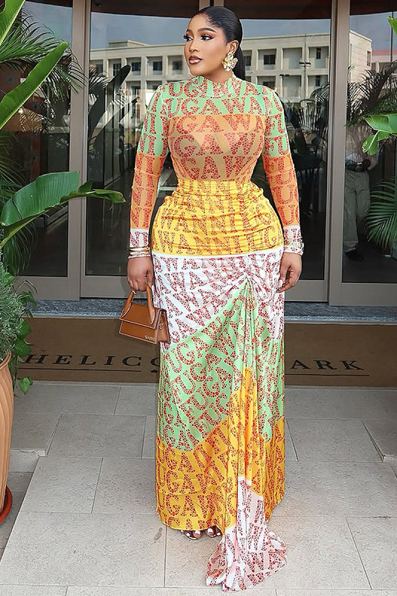 Elegant Printed Long Sleeve Bodycon Dress