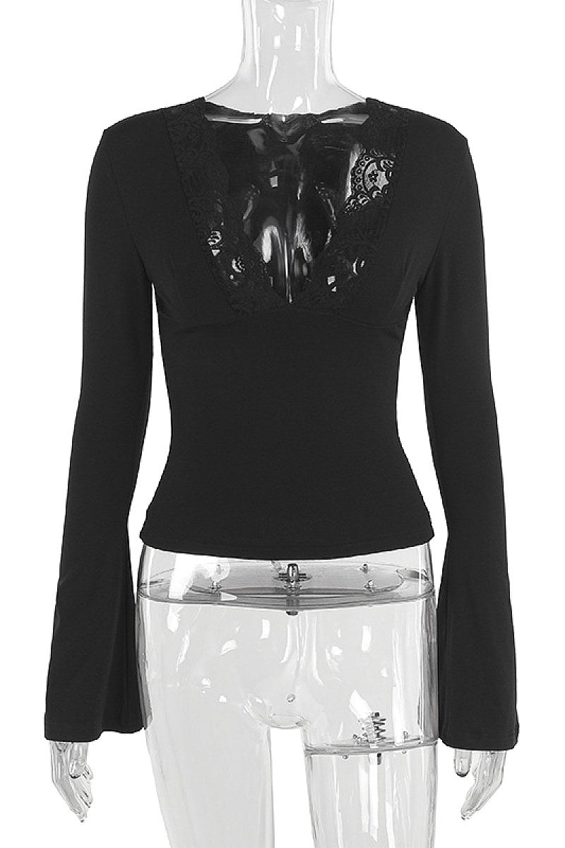 Sexy Lace Trim Deep V Neck Long Sleeve Top