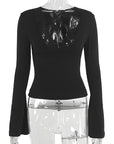 Sexy Lace Trim Deep V Neck Long Sleeve Top