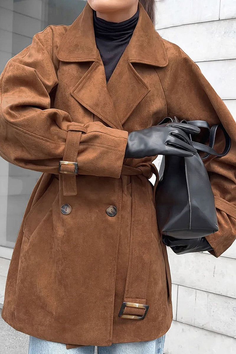 Brown Double-Breasted Suede Coat for Women