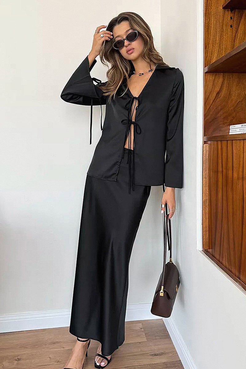 Elegant V-Neck Tie Top and Long Skirt Set