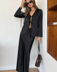 Elegant V-Neck Tie Top and Long Skirt Set
