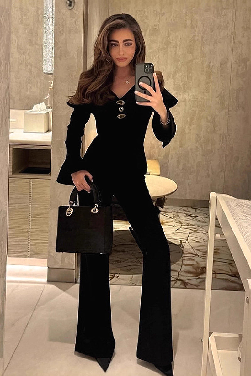 Chic Black V-Neck Two-Piece Set for Women