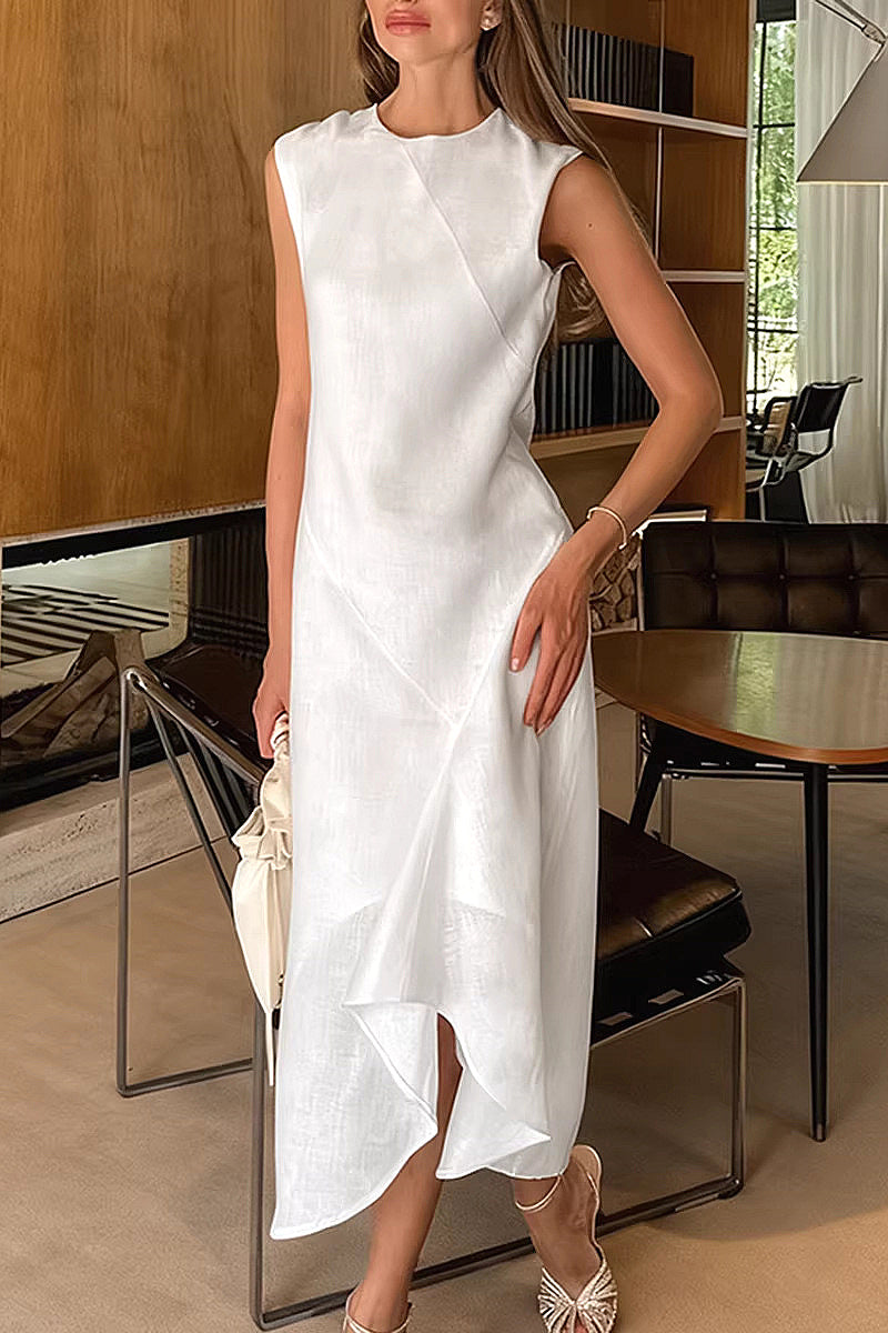 Elegant White Round Neck A-Line Dress for Women