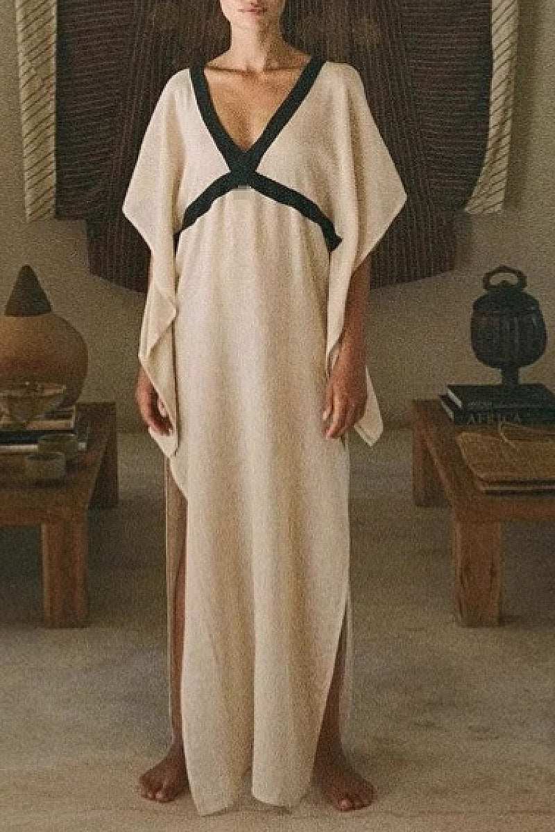 Vintage Casual Vacation Style V-Neck Long Dress