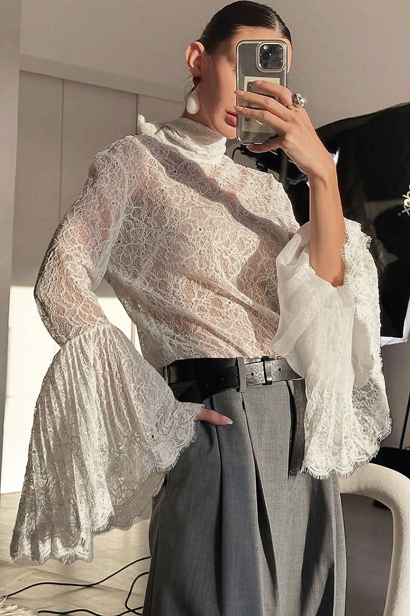 French Style Lace Blouse with Ruffled Sleeves