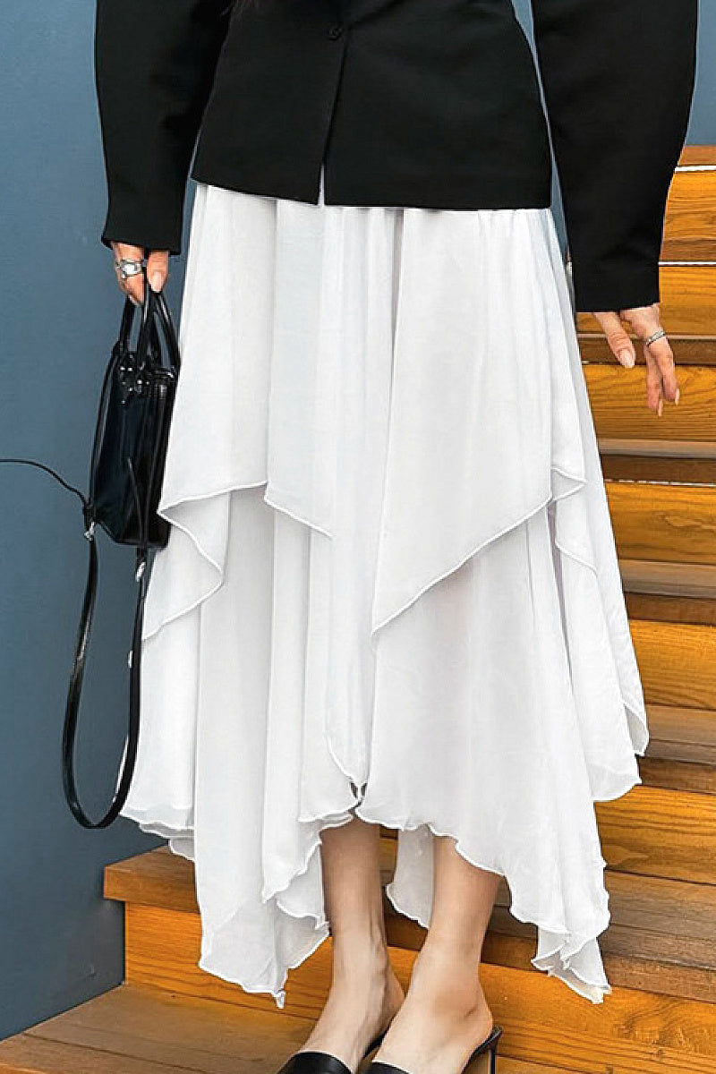 Elegant White Ruffled Chiffon Midi Skirt