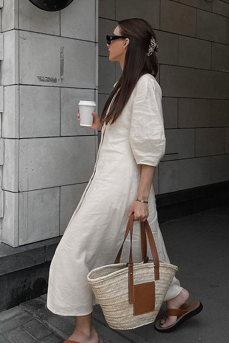 Casual Loose Cotton Linen Dress with Puff Sleeves