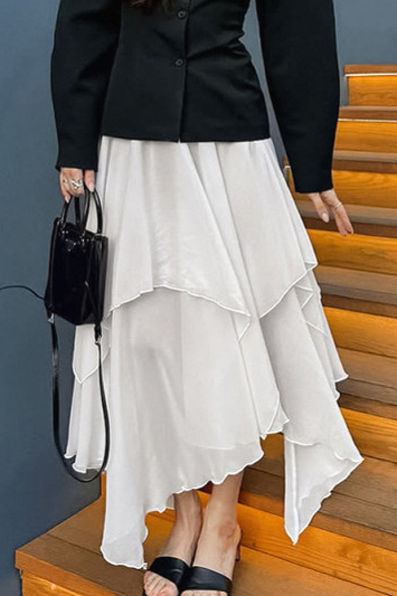 Elegant White Ruffled Chiffon Midi Skirt