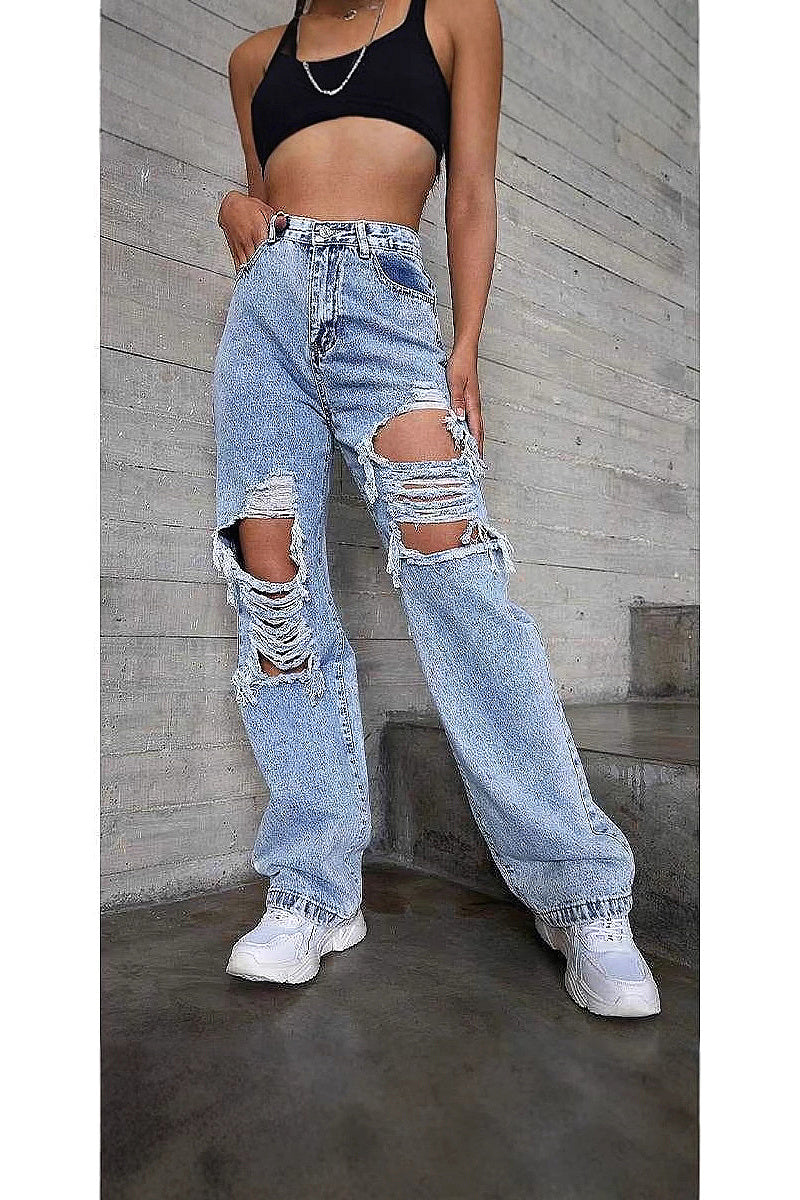 High Waist Ripped Straight Leg Jeans for Women