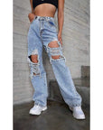 High Waist Ripped Straight Leg Jeans for Women