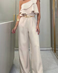 New Elegant Beige Ruffled One-Shoulder Jumpsuit